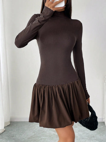 Women Solid Color Stand Collar Long Sleeve Pleated Casual Short Dress