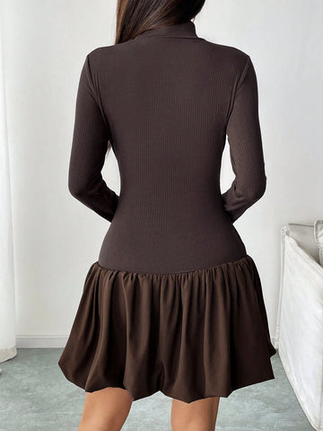 Women Solid Color Stand Collar Long Sleeve Pleated Casual Short Dress