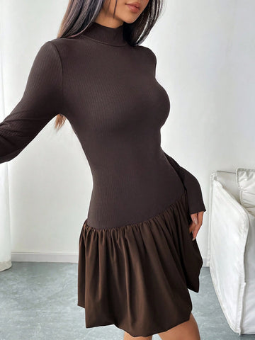 Women Solid Color Stand Collar Long Sleeve Pleated Casual Short Dress