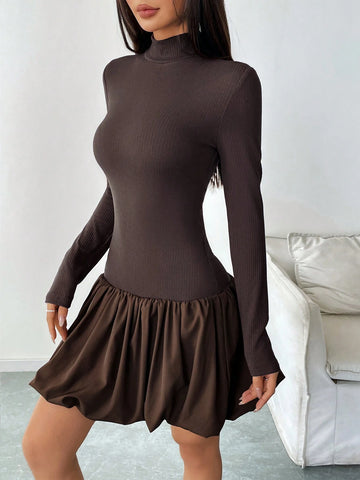 Women Solid Color Stand Collar Long Sleeve Pleated Casual Short Dress