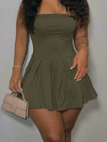 Women Solid Color Strapless Dress With Ruffled Hemline And Sleeveless Design, Summer