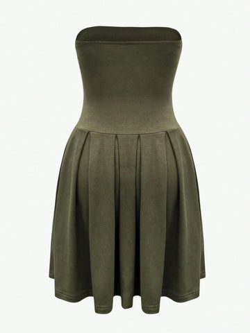 Women Solid Color Strapless Dress With Ruffled Hemline And Sleeveless Design, Summer