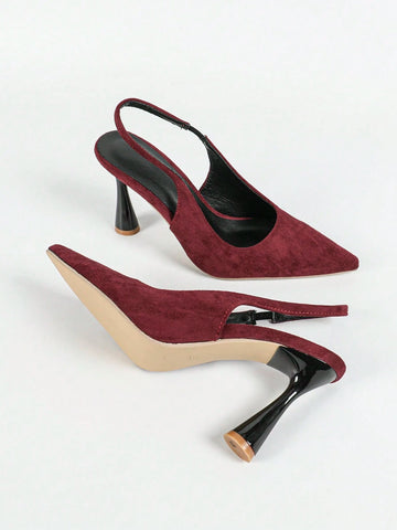 Women Solid Color Suede High Heel Shoes, Fashion Design Ankle Strap Pointed Toe Stiletto Heels