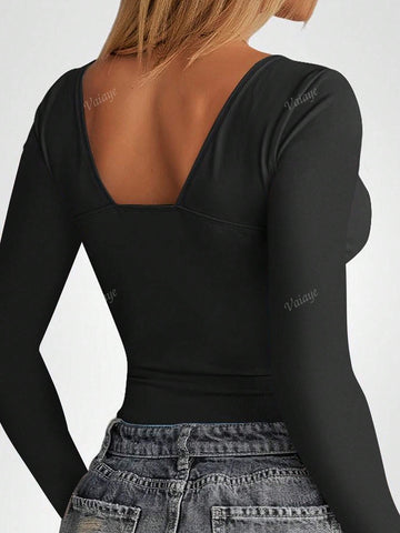 Women Solid Color Sweetheart Collar Long Sleeve Casual Blouse, Daily Wear