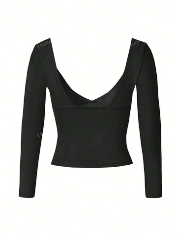 Women Solid Color Sweetheart Collar Long Sleeve Casual Blouse, Daily Wear