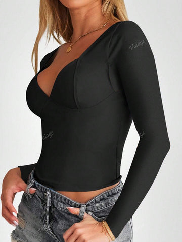 Women Solid Color Sweetheart Collar Long Sleeve Casual Blouse, Daily Wear