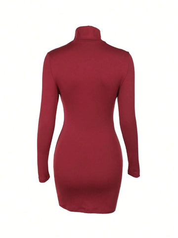 Women Solid Color Turtleneck Long Sleeve Hollow Out Bodycon Mini Dress For Autumn