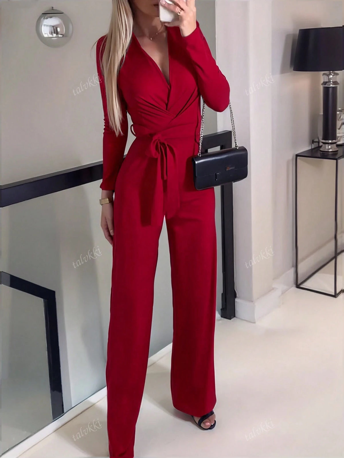 Women Solid Cross Wrap Twist Tie Waist Elegant Long Sleeve Jumpsuit