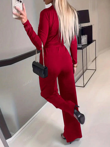 Women Solid Cross Wrap Twist Tie Waist Elegant Long Sleeve Jumpsuit