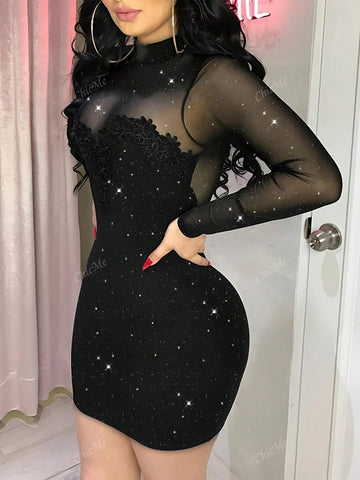 Women Solid Minimalist Sexy Glitter Mesh Splice Open Back Bodycon Little Black Dress