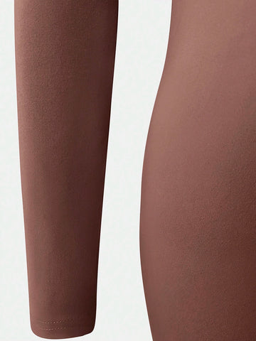 Women Solid Square Collar Stretchy Tight Long Sleeve Jumpsuit, Comfortable For Autumn/Winter