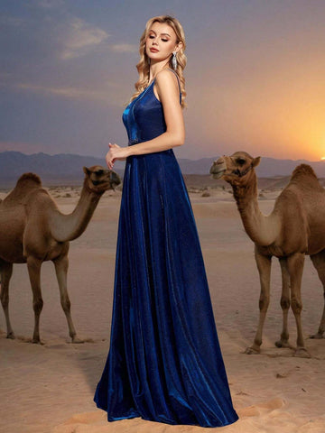 Women Spaghetti Strap Mesh Splice Slit To Thigh Stunning Evening Dress Party Dress (Heavy Industry Type) Suitable For Wedding, Evening Party And Banquet