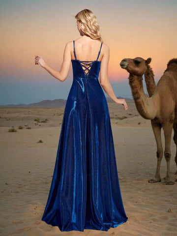 Women Spaghetti Strap Mesh Splice Slit To Thigh Stunning Evening Dress Party Dress (Heavy Industry Type) Suitable For Wedding, Evening Party And Banquet