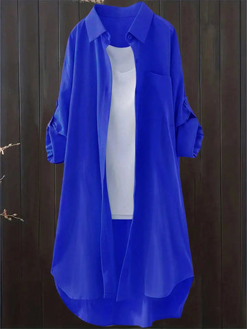 Women Spring/Autumn Casual Solid Color Roll Up Sleeve Blouse