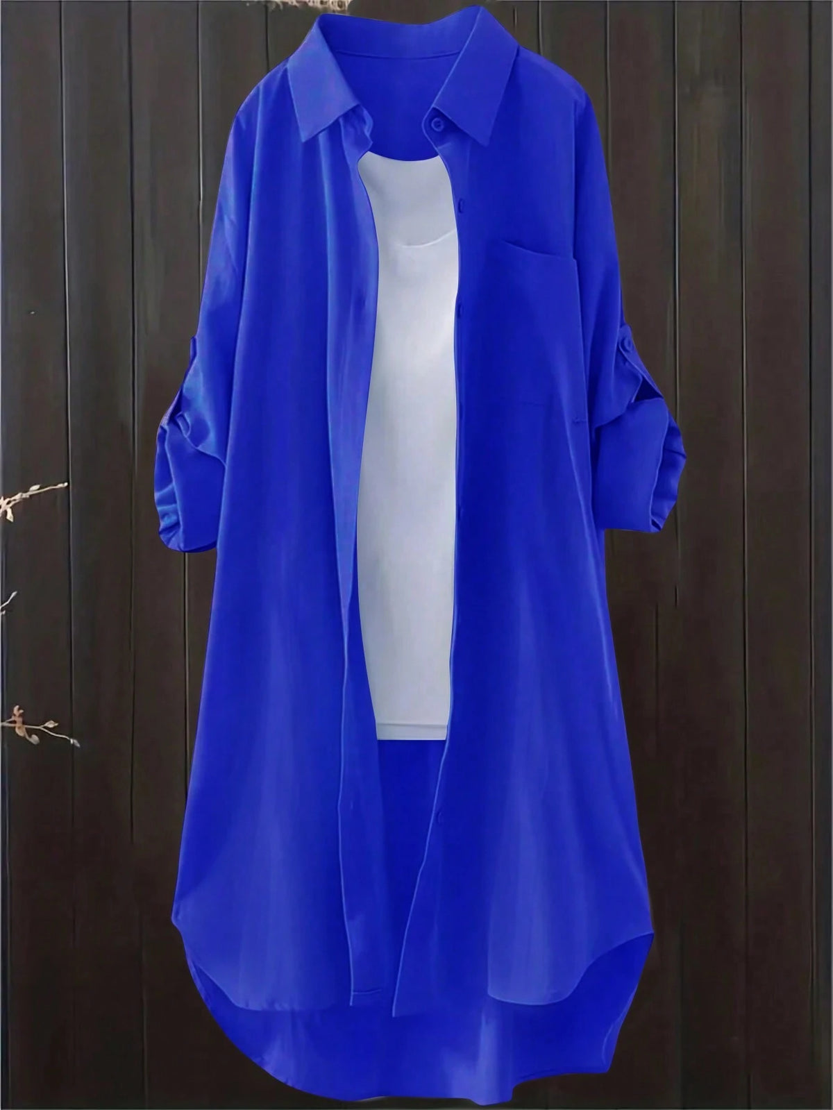 Women Spring/Autumn Casual Solid Color Roll Up Sleeve Blouse