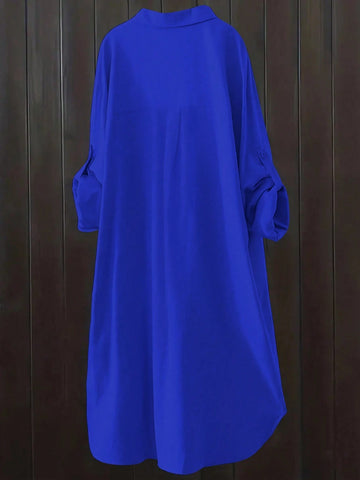 Women Spring/Autumn Casual Solid Color Roll Up Sleeve Blouse