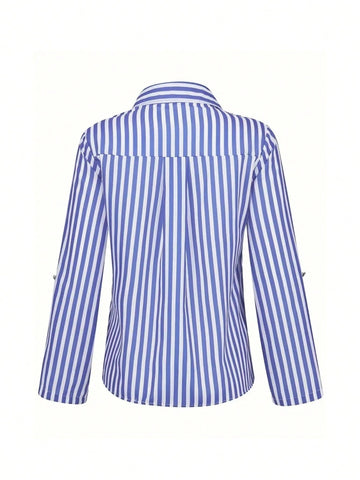 Women Spring/Summer/Autumn New Fashion Flared Cuff Button Striped Print Blouse