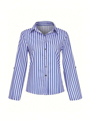 Women Spring/Summer/Autumn New Fashion Flared Cuff Button Striped Print Blouse