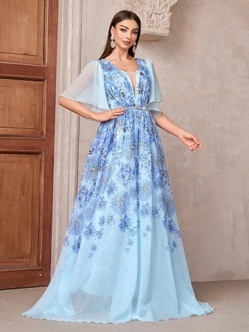 Women Spring/Summer Floral Print Long Bridesmaid Dress With Waist Tie, Diamond Decoration, And Open Back