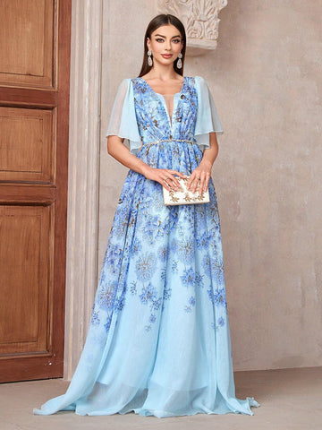 Women Spring/Summer Floral Print Long Bridesmaid Dress With Waist Tie, Diamond Decoration, And Open Back