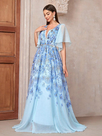 Women Spring/Summer Floral Print Long Bridesmaid Dress With Waist Tie, Diamond Decoration, And Open Back