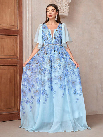 Women Spring/Summer Floral Print Long Bridesmaid Dress With Waist Tie, Diamond Decoration, And Open Back