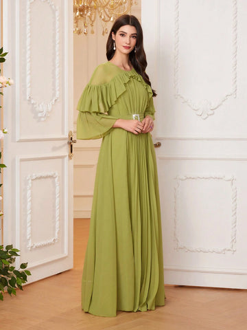 Women Spring/Summer Solid Color Round Neck Splicing Ruffle Edge Trumpet Sleeves Pleated Hem Long Gorgeous Graceful Dress