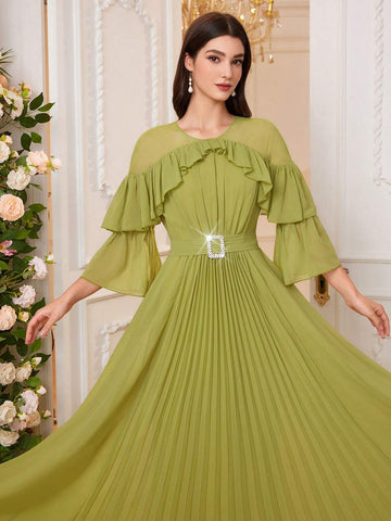 Women Spring/Summer Solid Color Round Neck Splicing Ruffle Edge Trumpet Sleeves Pleated Hem Long Gorgeous Graceful Dress