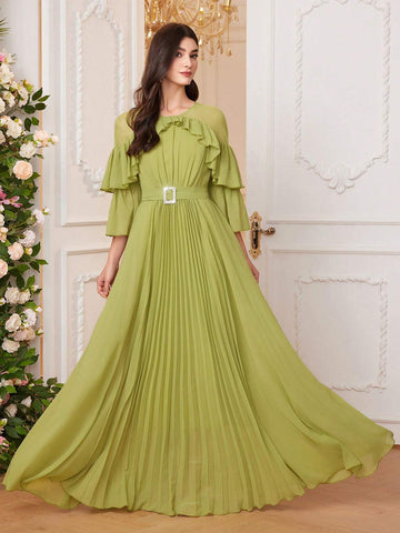 Women Spring/Summer Solid Color Round Neck Splicing Ruffle Edge Trumpet Sleeves Pleated Hem Long Gorgeous Graceful Dress