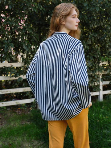 Women Spring/Summer Stand Collar Long Sleeve Striped Loose Casual Shirt