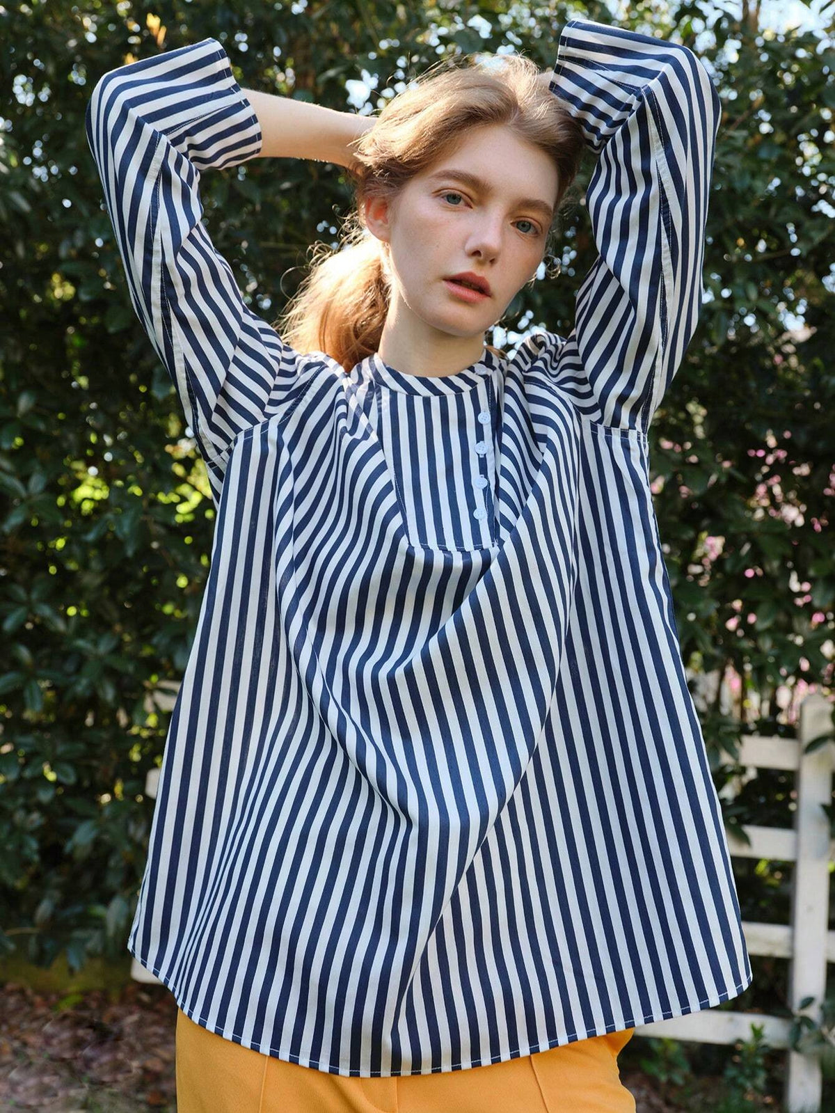 Women Spring/Summer Stand Collar Long Sleeve Striped Loose Casual Shirt