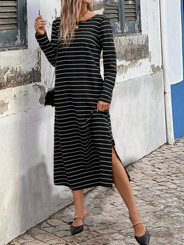 Women Spring Autumn Casual Striped Side Slit Dress