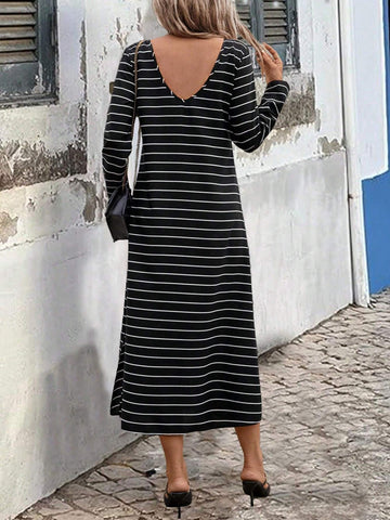 Women Spring Autumn Casual Striped Side Slit Dress