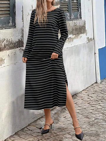 Women Spring Autumn Casual Striped Side Slit Dress