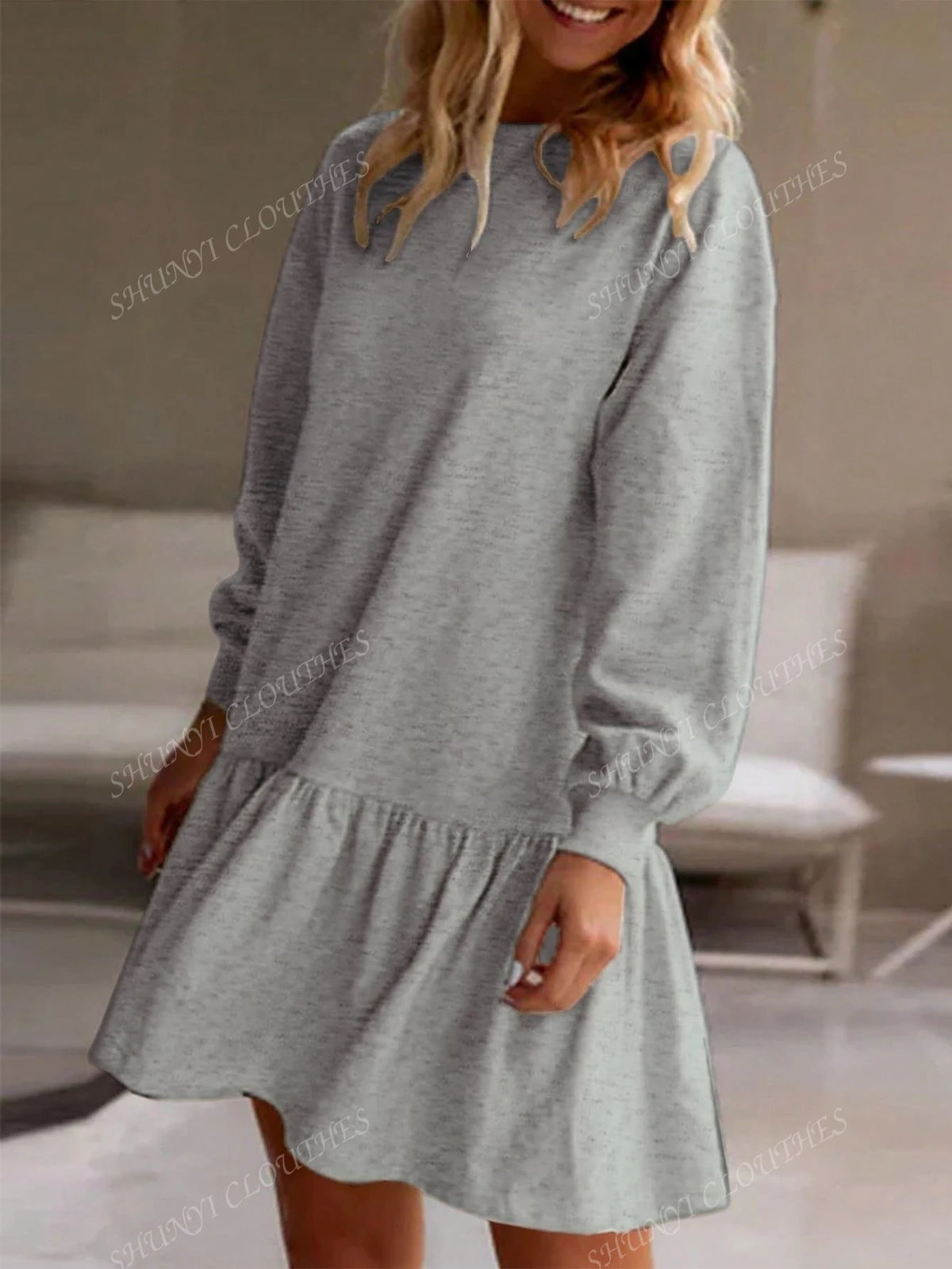 Women Spring Autumn Long Sleeve Pullover Knit Sweatshirt Round Neck Casual Loose Ruffled Hem Mini Dress