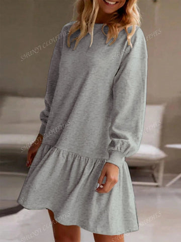 Women Spring Autumn Long Sleeve Pullover Knit Sweatshirt Round Neck Casual Loose Ruffled Hem Mini Dress