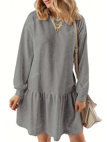 Women Spring Autumn Long Sleeve Pullover Knit Sweatshirt Round Neck Casual Loose Ruffled Hem Mini Dress