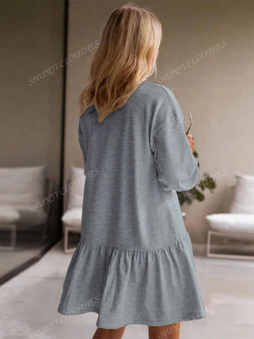 Women Spring Autumn Long Sleeve Pullover Knit Sweatshirt Round Neck Casual Loose Ruffled Hem Mini Dress