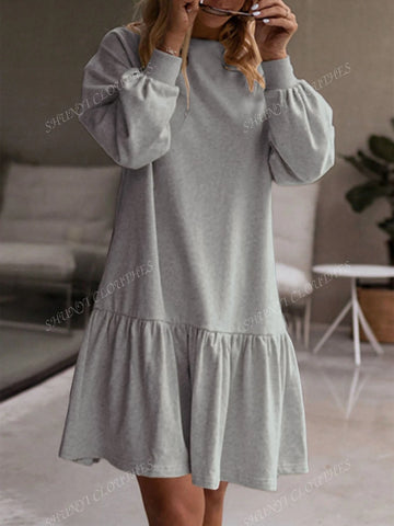 Women Spring Autumn Long Sleeve Pullover Knit Sweatshirt Round Neck Casual Loose Ruffled Hem Mini Dress
