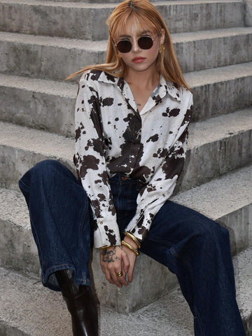 Women Spring Fashion Print Turndown Collar Tops Button Long Sleeve Shirts