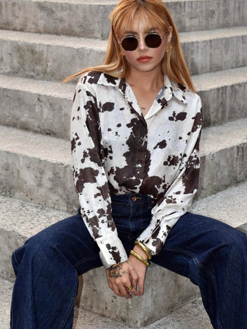 Women Spring Fashion Print Turndown Collar Tops Button Long Sleeve Shirts