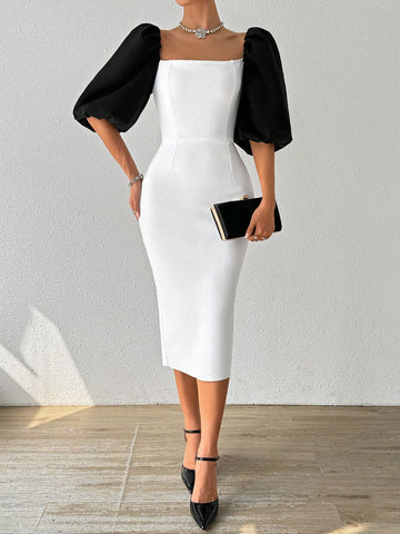 Women Square Neck Elegant Stylish Design Simple Short Sleeve Shaping Shawl Evening Dress With Charming Butt