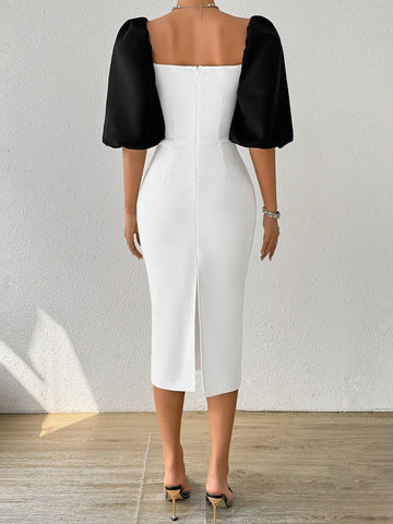 Women Square Neck Elegant Stylish Design Simple Short Sleeve Shaping Shawl Evening Dress With Charming Butt