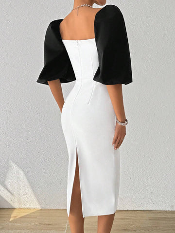 Women Square Neck Elegant Stylish Design Simple Short Sleeve Shaping Shawl Evening Dress With Charming Butt