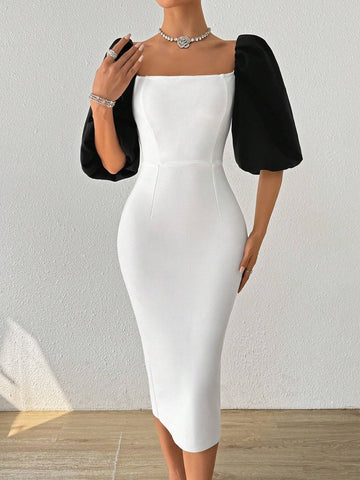 Women Square Neck Elegant Stylish Design Simple Short Sleeve Shaping Shawl Evening Dress With Charming Butt