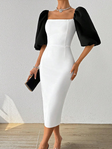 Women Square Neck Elegant Stylish Design Simple Short Sleeve Shaping Shawl Evening Dress With Charming Butt