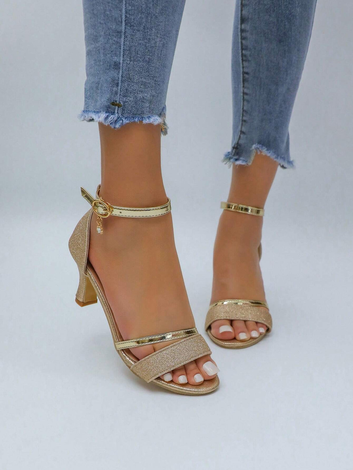 Women Square Toe High-Heel Sandals, Women Low-Cut Stiletto Sandals, Ankle Strap Chunky Heel Sandals