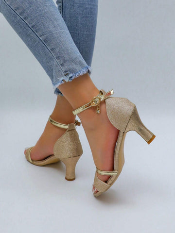 Women Square Toe High-Heel Sandals, Women Low-Cut Stiletto Sandals, Ankle Strap Chunky Heel Sandals