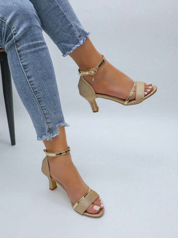 Women Square Toe High-Heel Sandals, Women Low-Cut Stiletto Sandals, Ankle Strap Chunky Heel Sandals