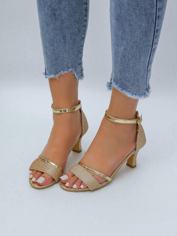 Women Square Toe High-Heel Sandals, Women Low-Cut Stiletto Sandals, Ankle Strap Chunky Heel Sandals